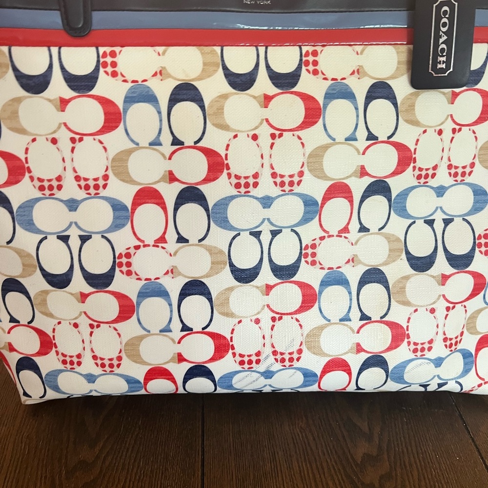 Coach Red and Blue Signature Tote vintage shoulder bag Christmas  med/ large